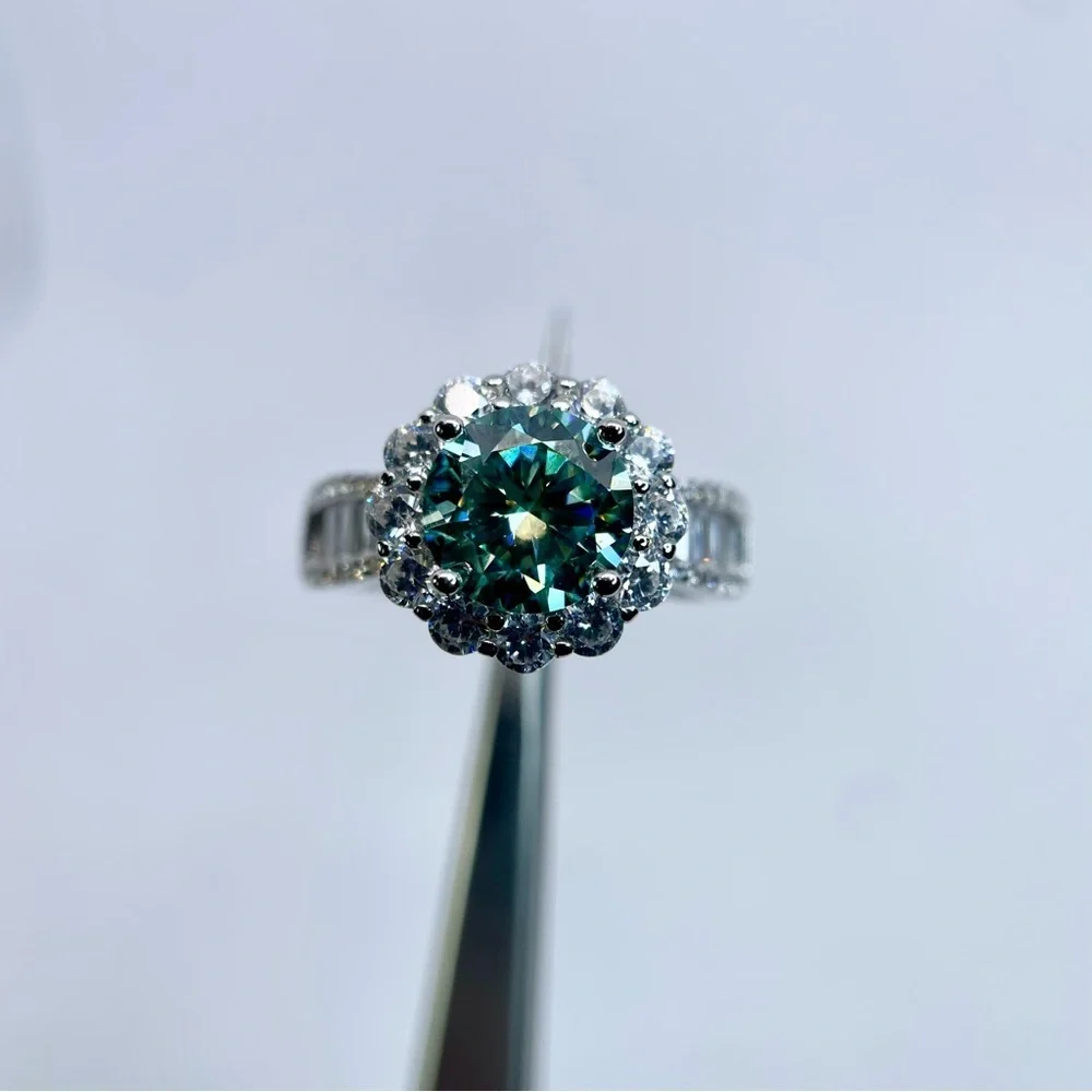 Moissanite Halo Ring Aqua Blue Center & Baguette Accents 18K White Gold Finish - Picture 8 of 16